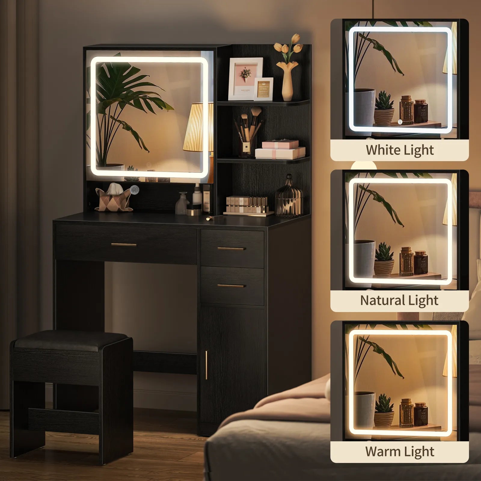 Vanity Desk with Mirror and Lights, Makeup Vanity Desk with Drawers &amp; Cabinet, Vanities with Upholstered Chair, Black Makeup Table with Storage Shelves, Girls Dressing Table for Bedroom