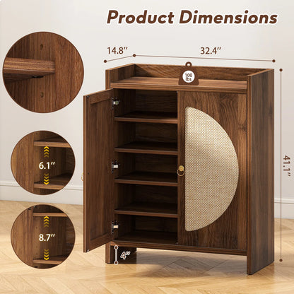 CURLA Rattan Shoe Cabinet Storage for Entryway, Entry Way Shoe Storage Cabinet with Adjustable Shelves, Wood Shoe Organizer Cabinet, Accent Cabinet with Doors for Entrance Hallway Living Room Foyer