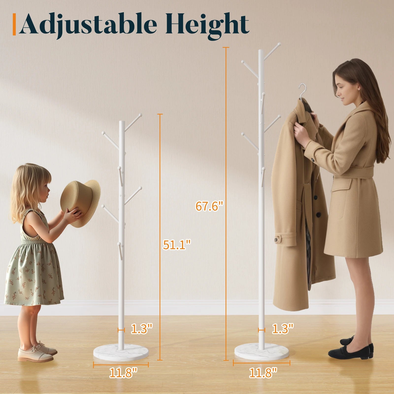 Coat Rack Freestanding with Natural Marble Base, Coat Tree with 8 Hooks, Metal Hall Tree for Jacket, Hat, Bag, Coat Hanger Stand for Entryway