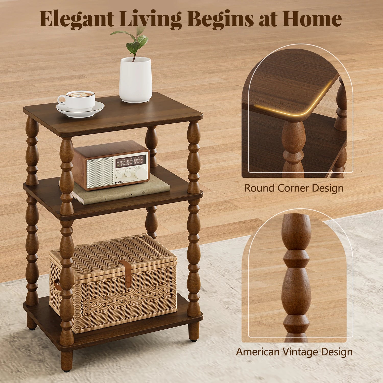Maliowa Small Side Table with 3-Tier Shelf, Narrow Wood End Table for Small Spaces, Living Room Bedroom