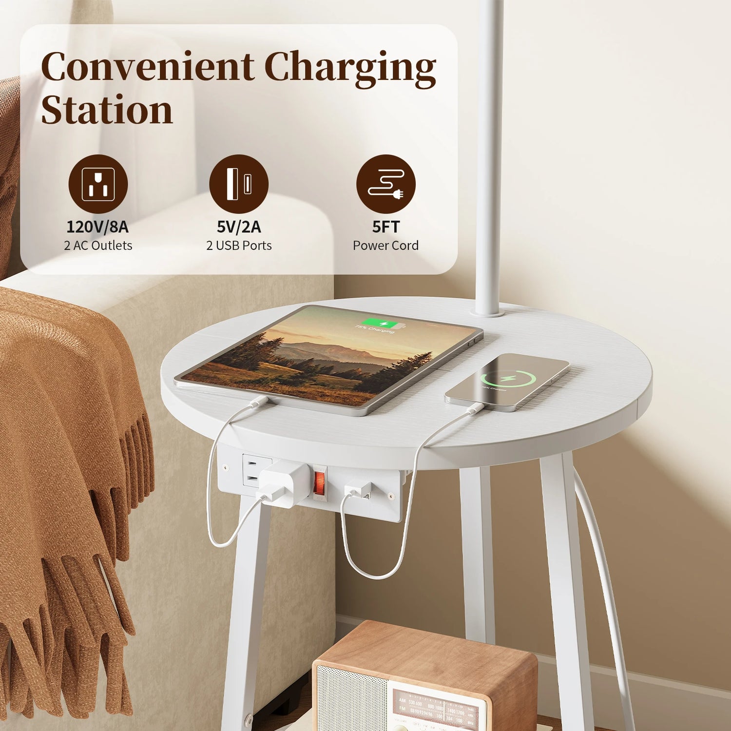 Maliowa Floor Lamp with Table, Attached End Table with Dimmable Lamp &amp; Charging Station, Side Table Lamps for Living Room Bedroom