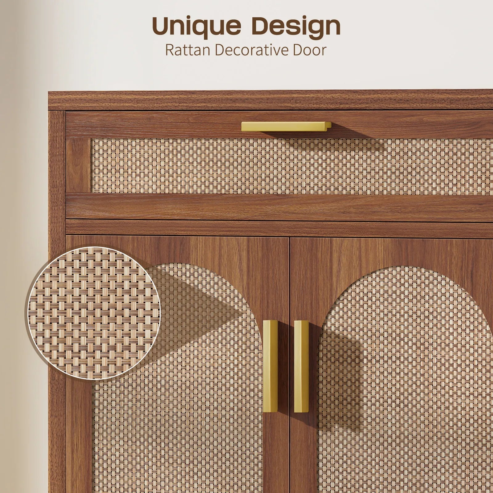 Rattan Buffet Cabinet with Storage, Sideboard Cabinet with Doors and Shelves, Accent Storage Cabinet with Drawers, Wood Coffee Bar for Kitchen