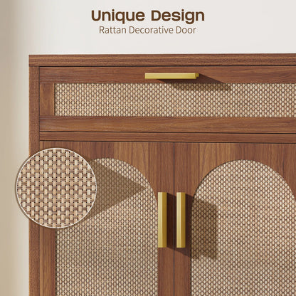 Rattan Buffet Cabinet with Storage, Sideboard Cabinet with Doors and Shelves, Accent Storage Cabinet with Drawers, Wood Coffee Bar for Kitchen