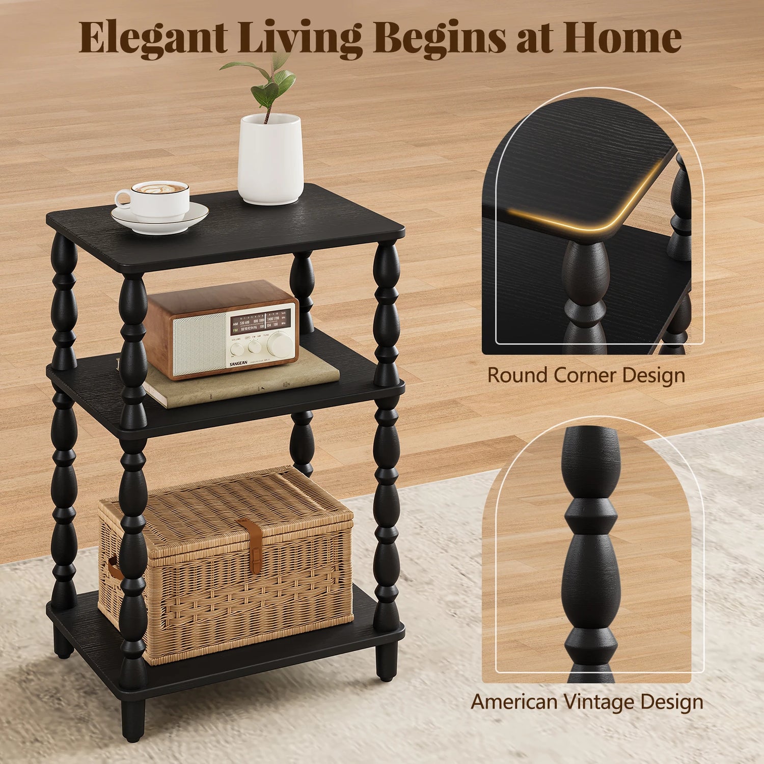 Maliowa Small Side Table with 3-Tier Shelf, Narrow Wood End Table for Small Spaces, Living Room Bedroom