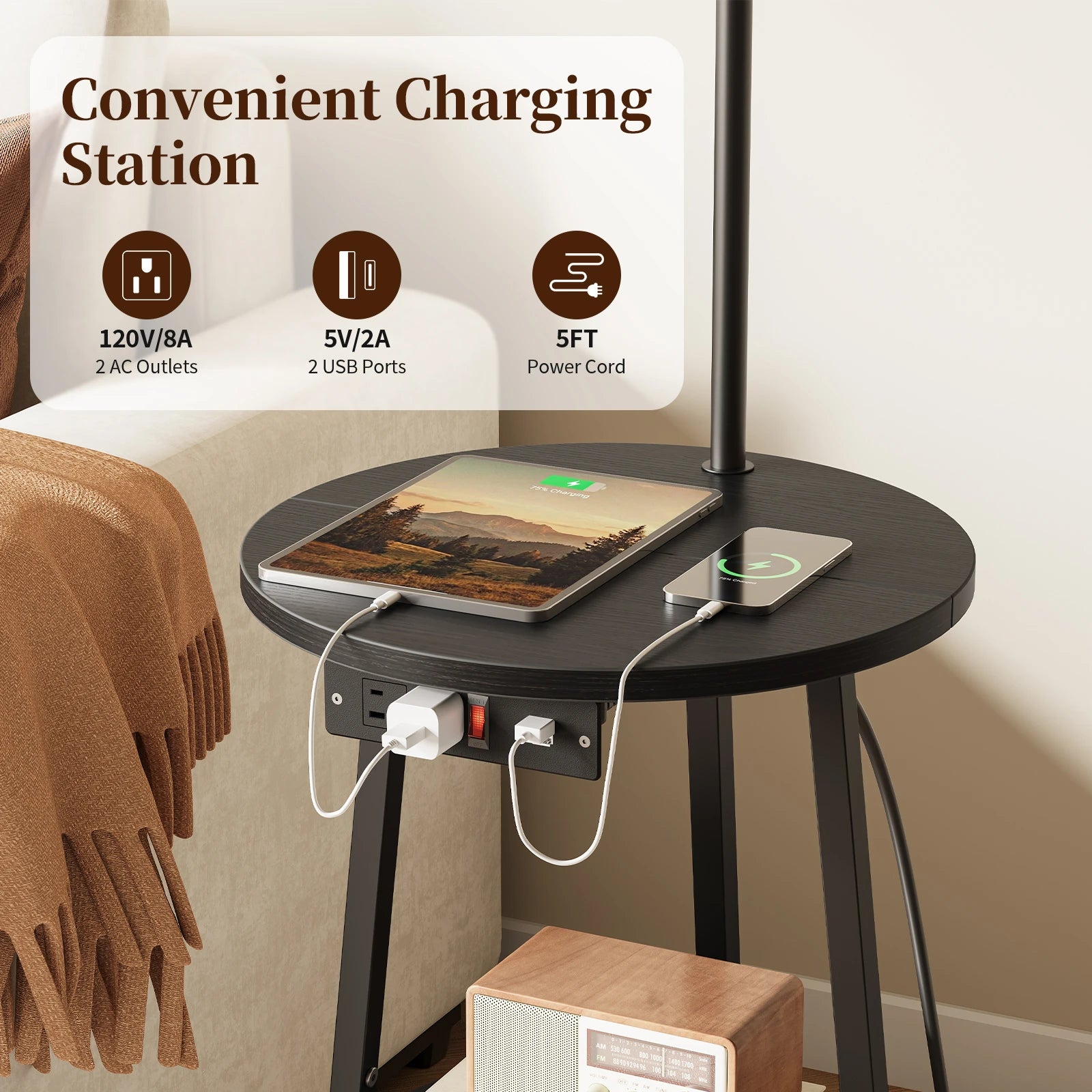 Maliowa Floor Lamp with Table, Attached End Table with Dimmable Lamp &amp; Charging Station, Side Table Lamps for Living Room Bedroom