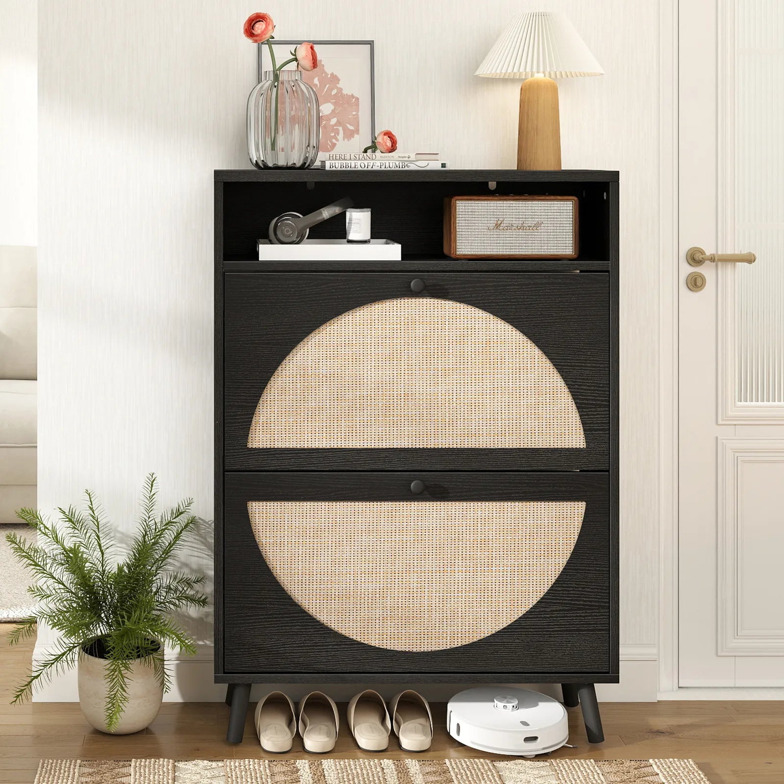 Rattan Shoe Cabinet with 2 Flip Drawers, Narrow Shoe Storage Cabinet with Adjustable Shelves, Wood Shoe Cabinet Storage for Entryway, Hallway