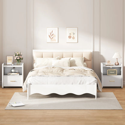 Fluted Nightstand with Charging Station,Wood Bedside Table Night Stand with Drawer and Open Shelf,Modern End Side Table for Bedroom Living Room