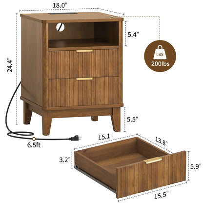Night Stand with Charger Station, Fluted Nightstand with 2 Drawers and Storage Shelf, Mid Century Modern End Table for Bedroom Living Room