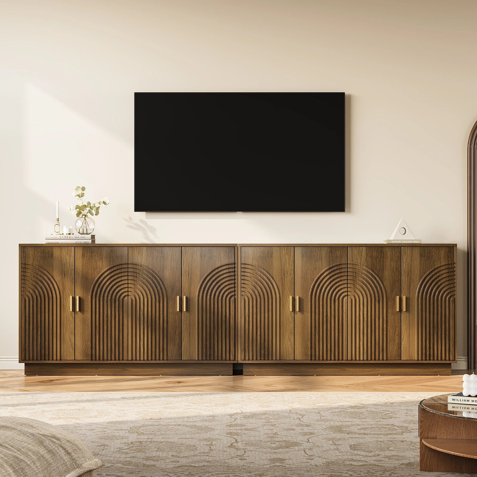 CURLA Fluted Sideboard Buffet Cabinet with Storage, 57" Coffee Bar Cabinet with 4 Doors &amp; Adjustable Shelf, Credenza for Kitchen Living Room