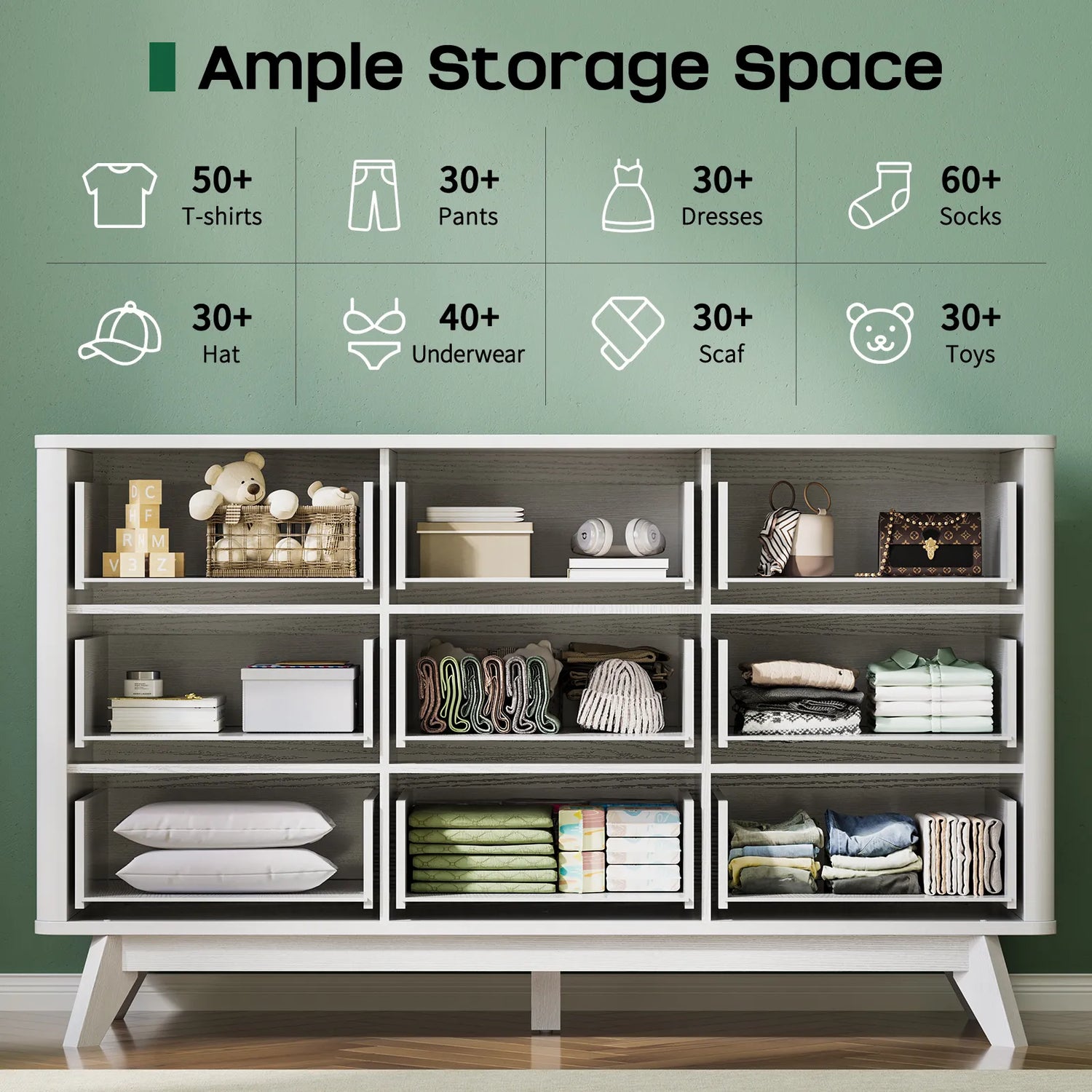 9 Drawer Dresser for Bedroom, Fluted White Dresser for Storage, 52.8" Wood Dressers &amp; Chests of Drawers for Closet, Living Room, Entryway