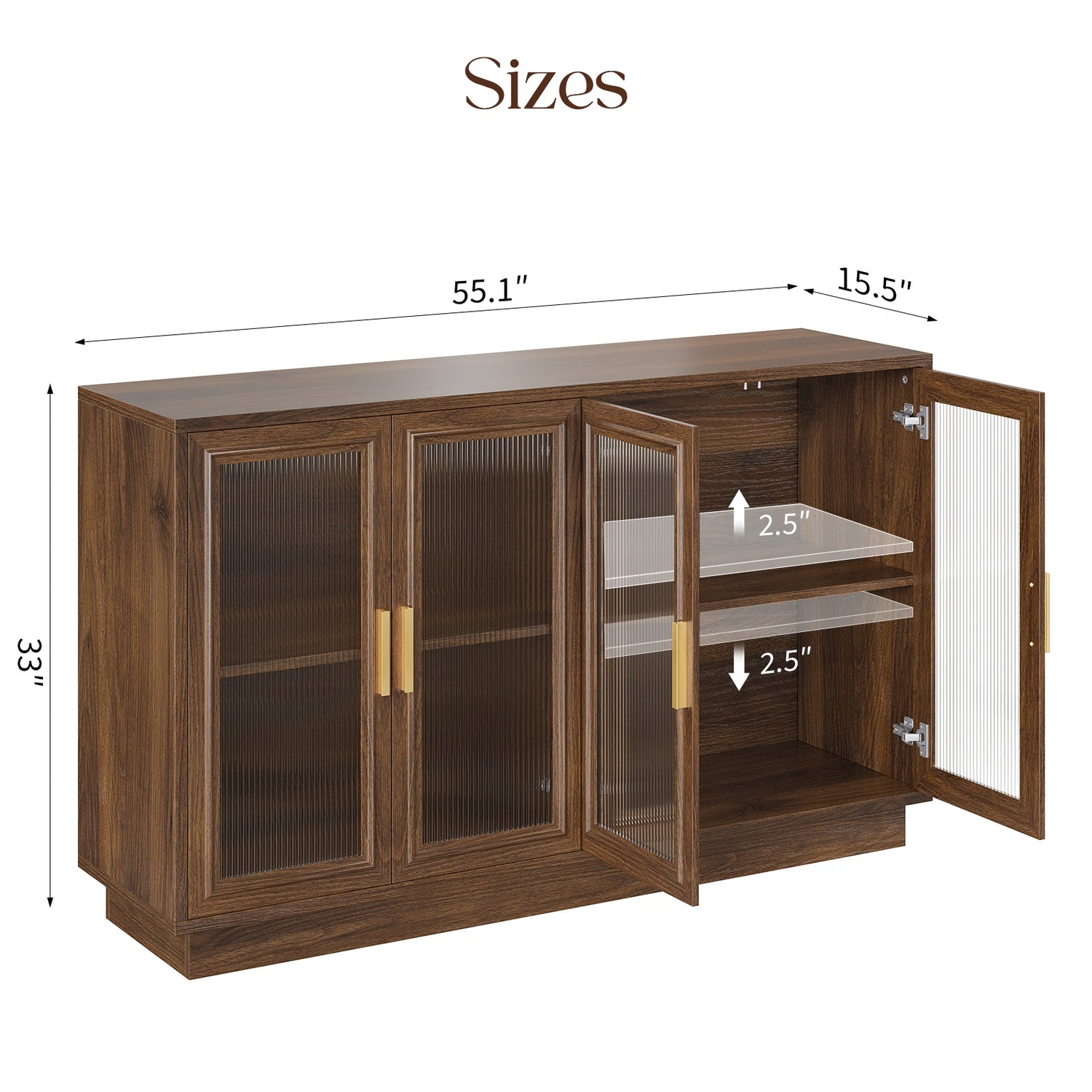 CURLA 55.1" Sideboard Buffet Cabinet with Storage,  Wood Kitchen Cabinet with 4 Fluted Doors, Large Buffet Table, Credenza Coffee Bar for Dining Living Room