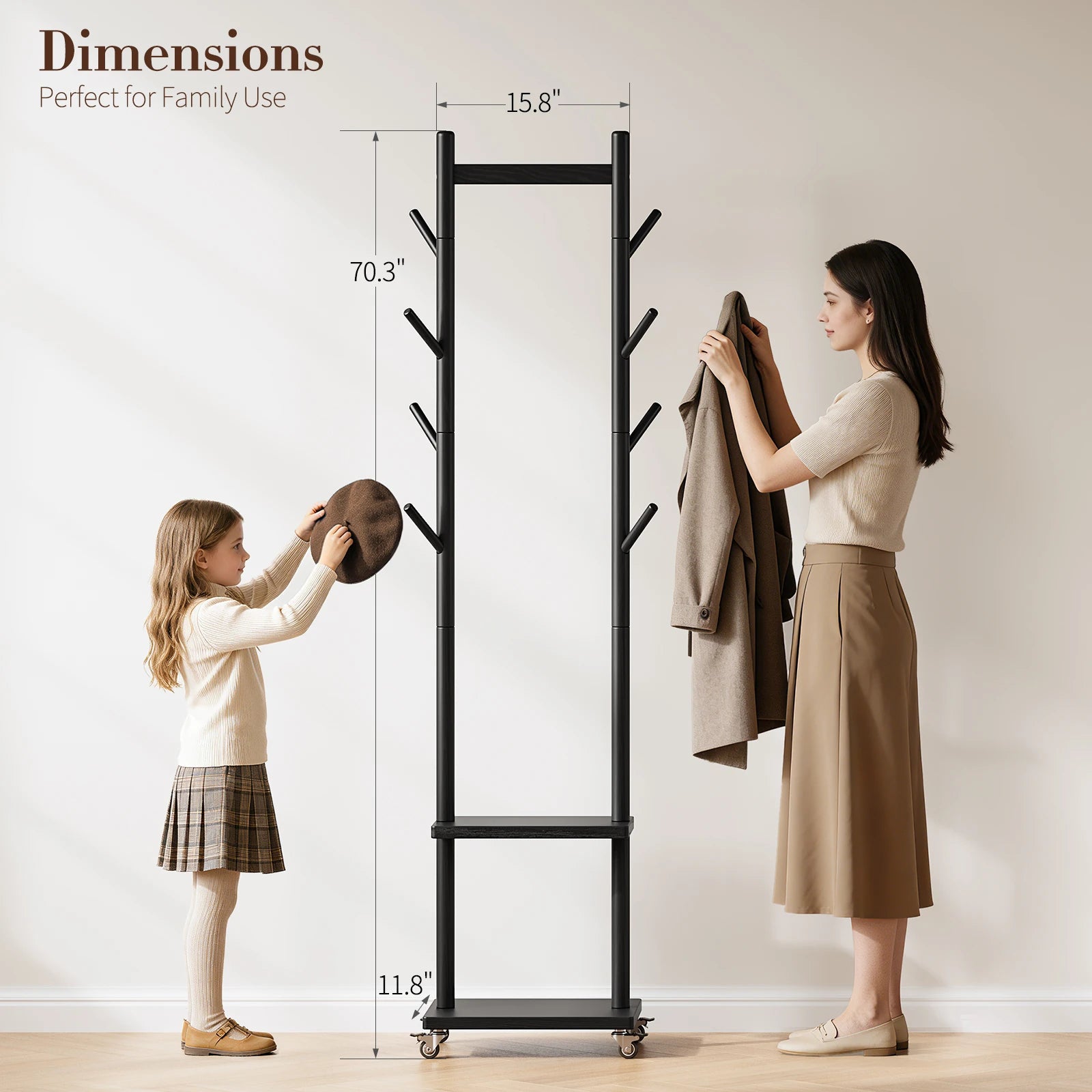 Solid Wood Coat Rack Freestanding, Rolling Clothes Rack with Wheels, Clothing Rack with 8 Hooks &amp; Shelevs, Clothing Racks for Hanging Clothes