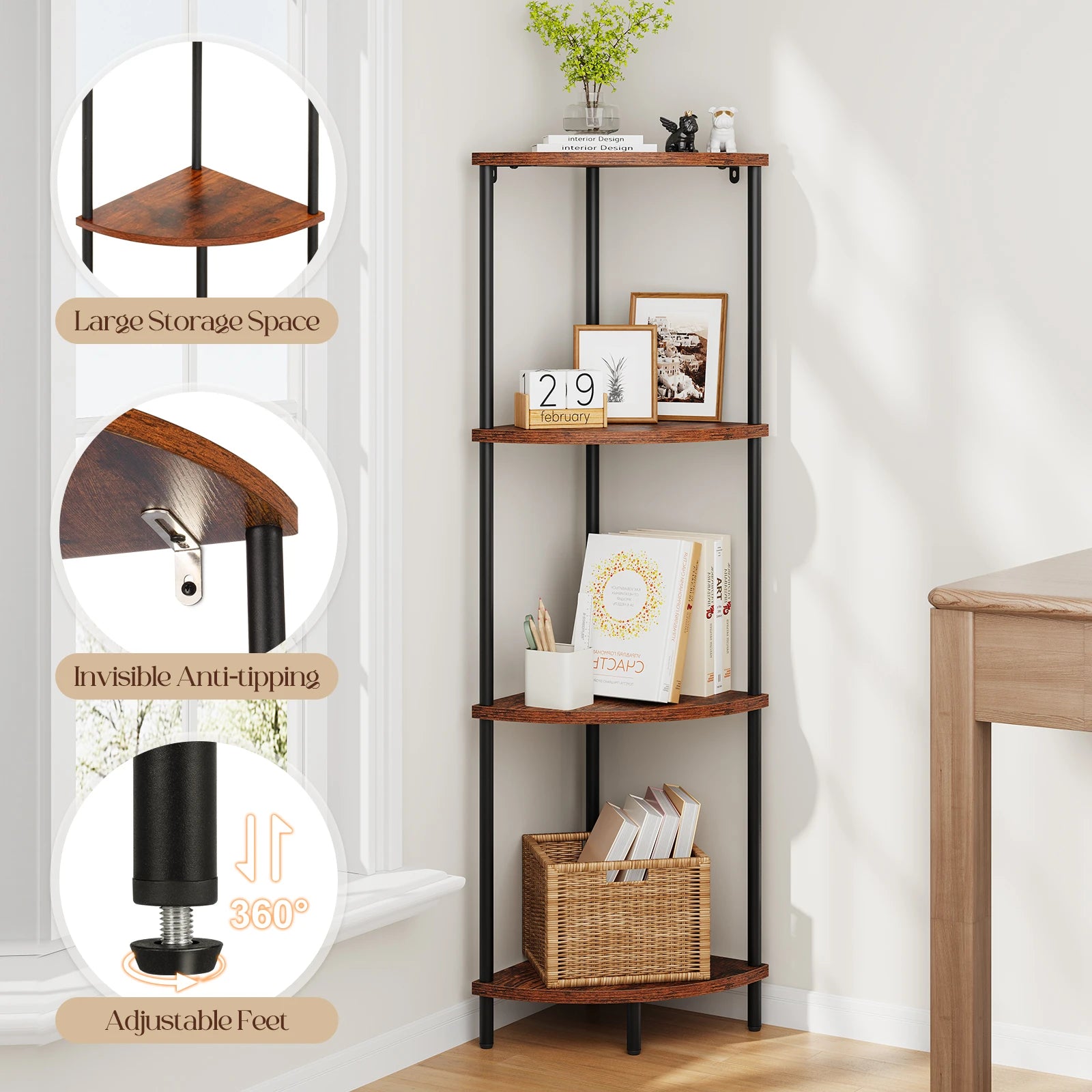 4-Tier Corner Shelf Stand, 50" Tall Corner Bookshelf Display Shelf for Bedroom, Bathroom, Living Room, Berry Brown