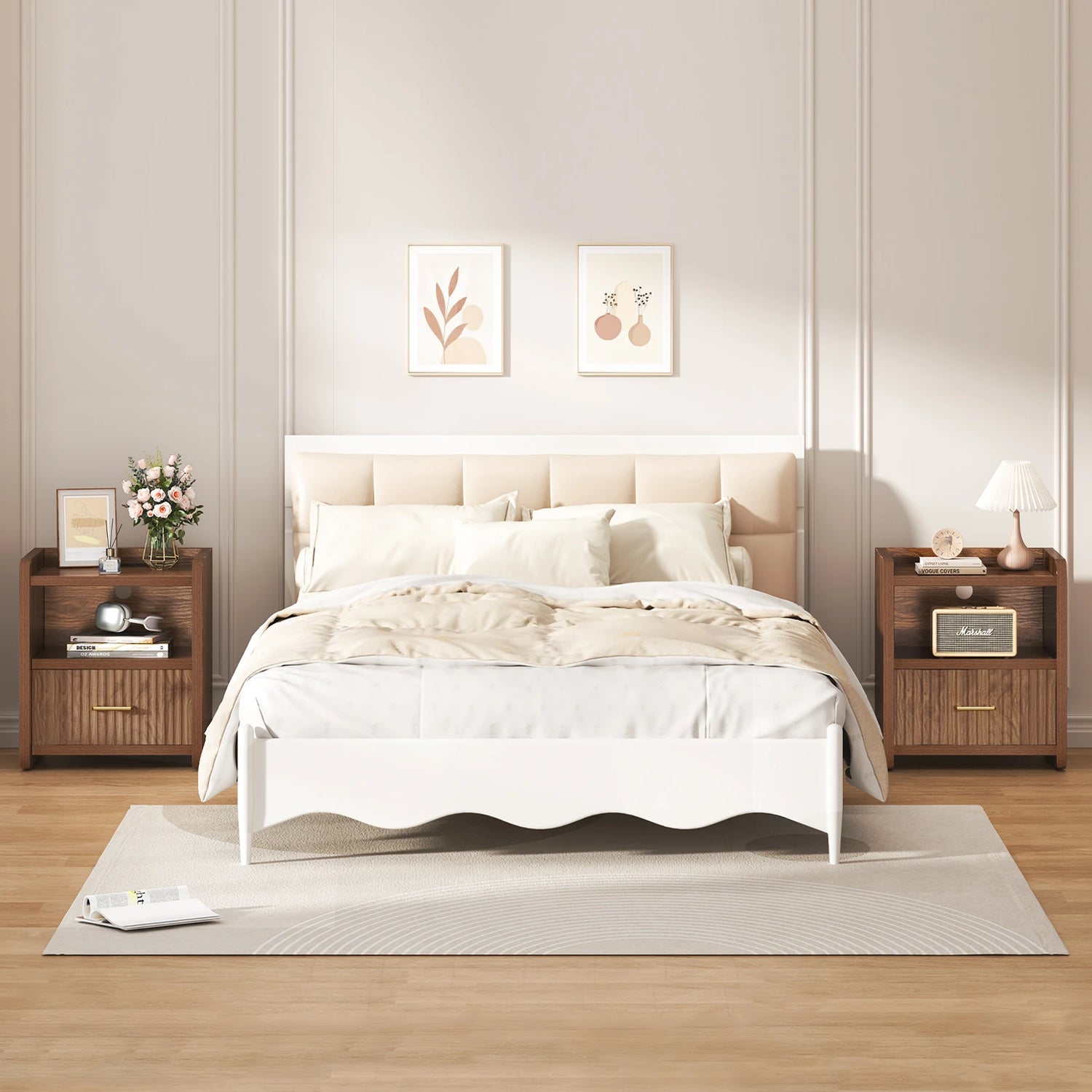 Fluted Nightstand with Charging Station,Wood Bedside Table Night Stand with Drawer and Open Shelf,Modern End Side Table for Bedroom Living Room