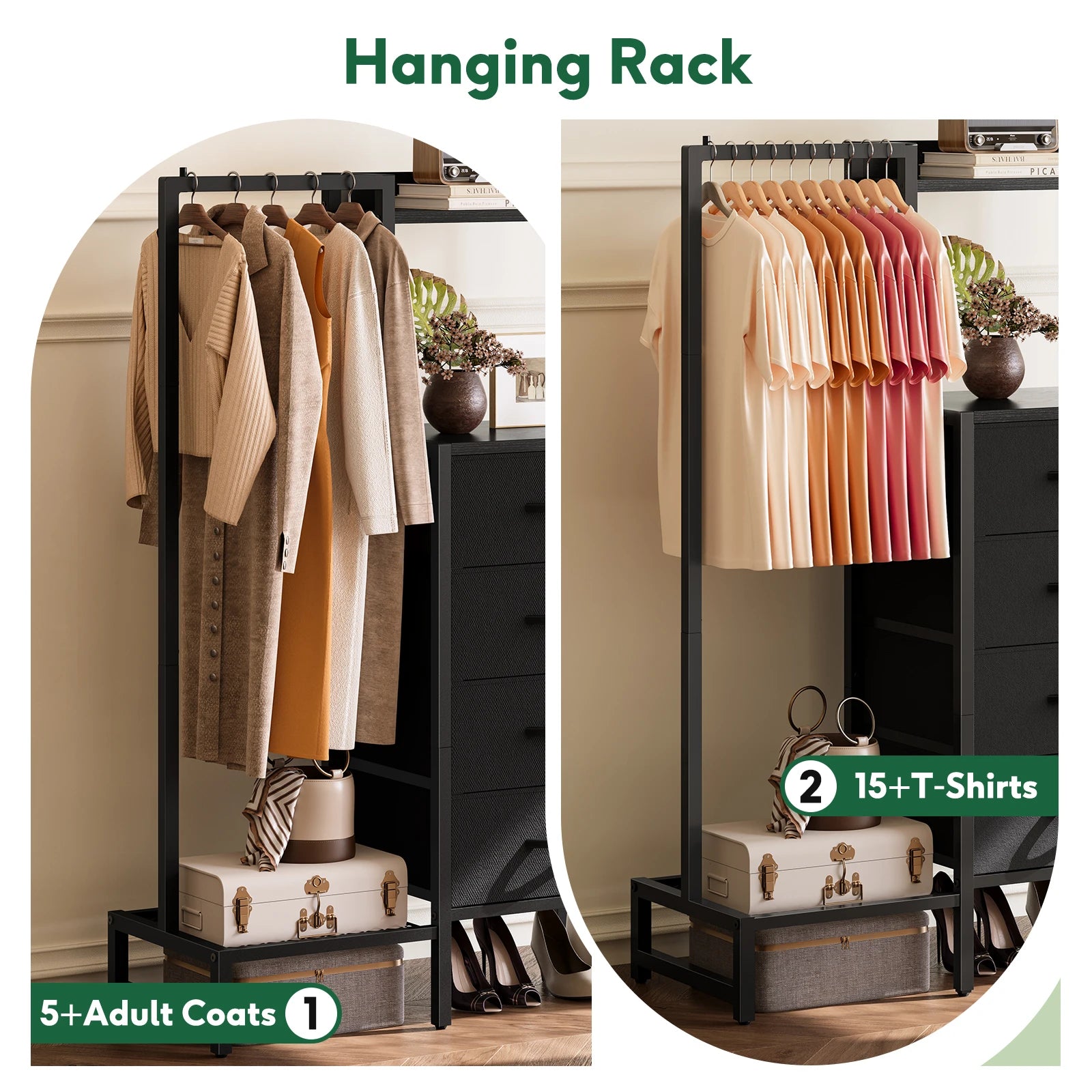 Yoob Small Dresser with Hanging Rack - Small Closet with 4 Fabric Storage Drawers, Chest of Drawer for Bedroom Entryway Dorm