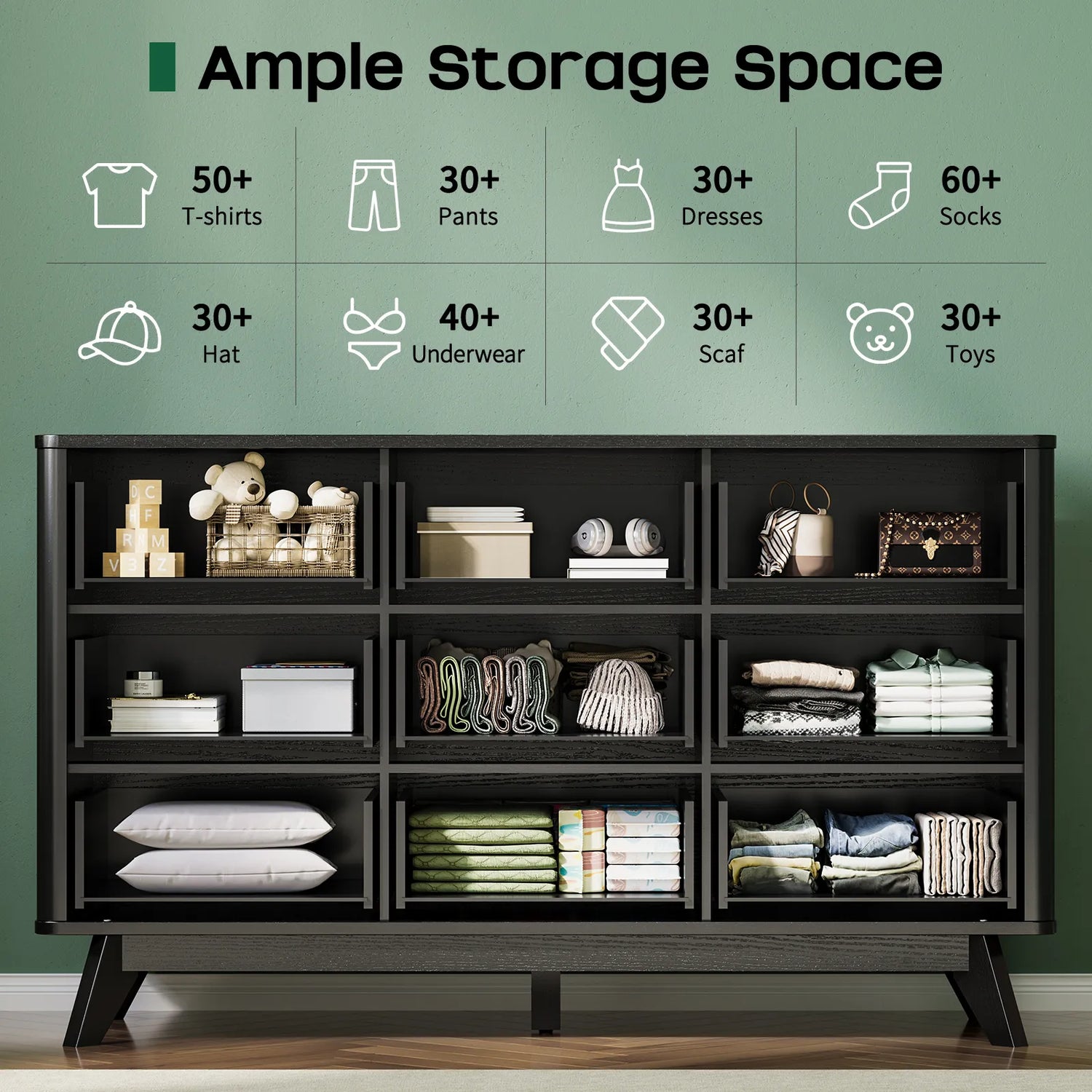 9 Drawer Dresser for Bedroom, Fluted Black Dresser for Storage, 52.8" Wood Dressers &amp; Chests of Drawers for Closet, Living Room, Entryway