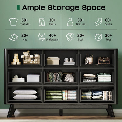 9 Drawer Dresser for Bedroom, Fluted Black Dresser for Storage, 52.8" Wood Dressers &amp; Chests of Drawers for Closet, Living Room, Entryway