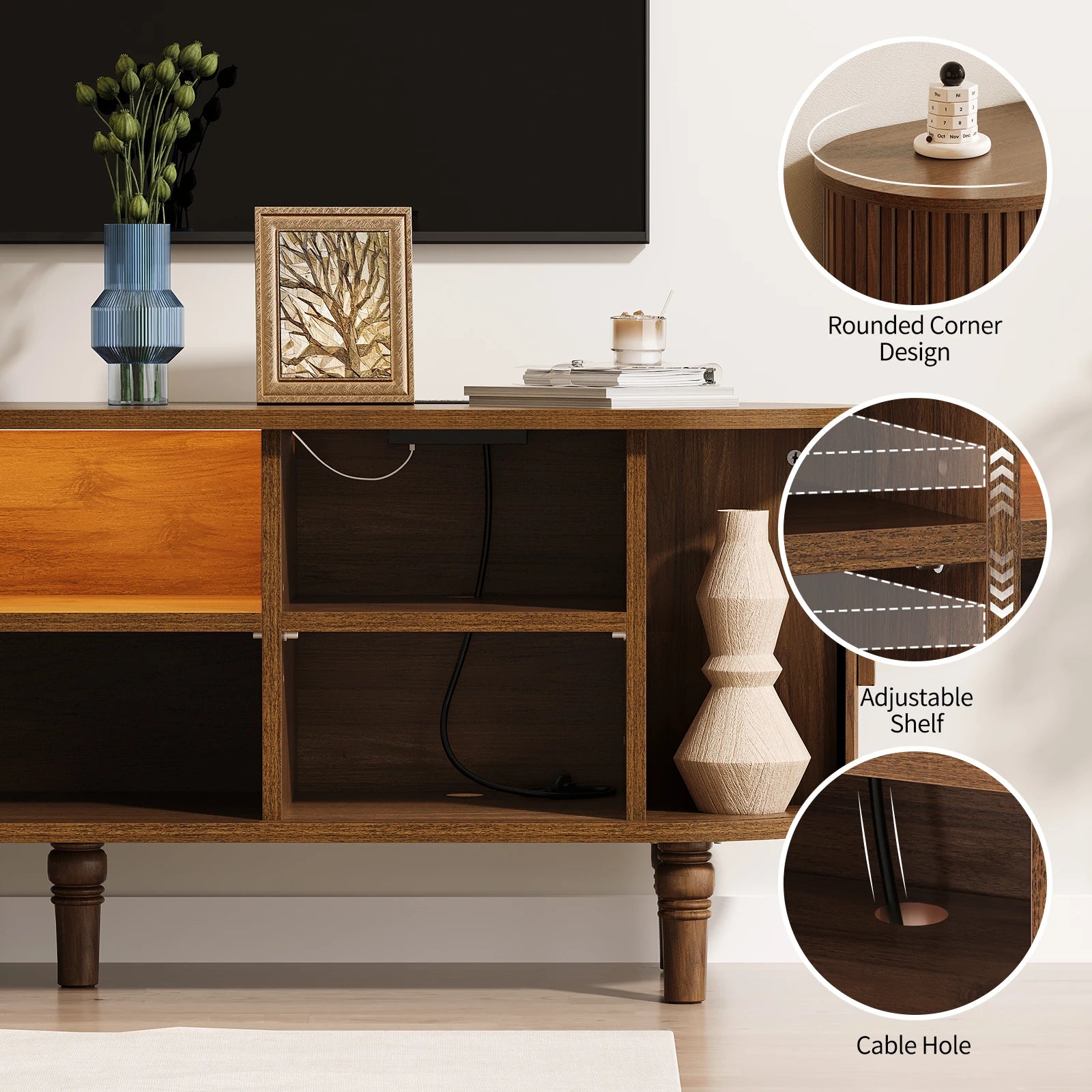 CURLA 55" TV Stand with Power Outlet, Entertainment Center with Sliding Tambour Door, Modern TV Stands for Living Room Bedroom, LED Media Console