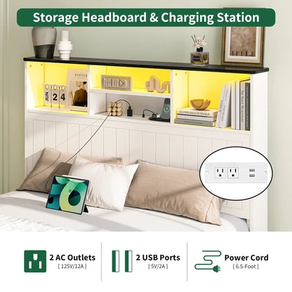 Full Size Bed Frame with Headboard, Farmhouse Wood Full Bed Frame with 4 Storage Drawers, Platform Beds with Charging Station &amp; LED Light