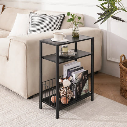Yoob Narrow Side Table with Storage Basket, Small End Table for Small Spaces, Skinny End Tables Living Room Bedroom Office, 3 Tier Slim Nightstand