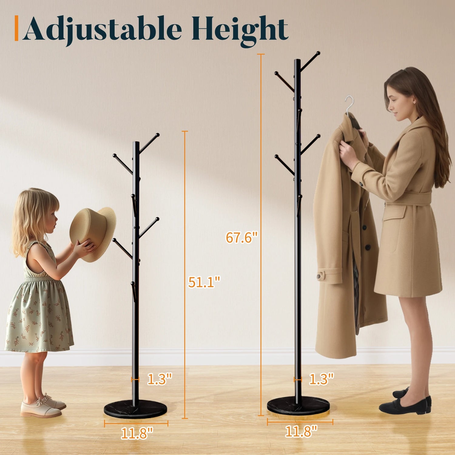 Coat Rack Freestanding with Natural Marble Base, Coat Tree with 8 Hooks, Metal Hall Tree for Jacket, Hat, Bag, Coat Hanger Stand for Entryway