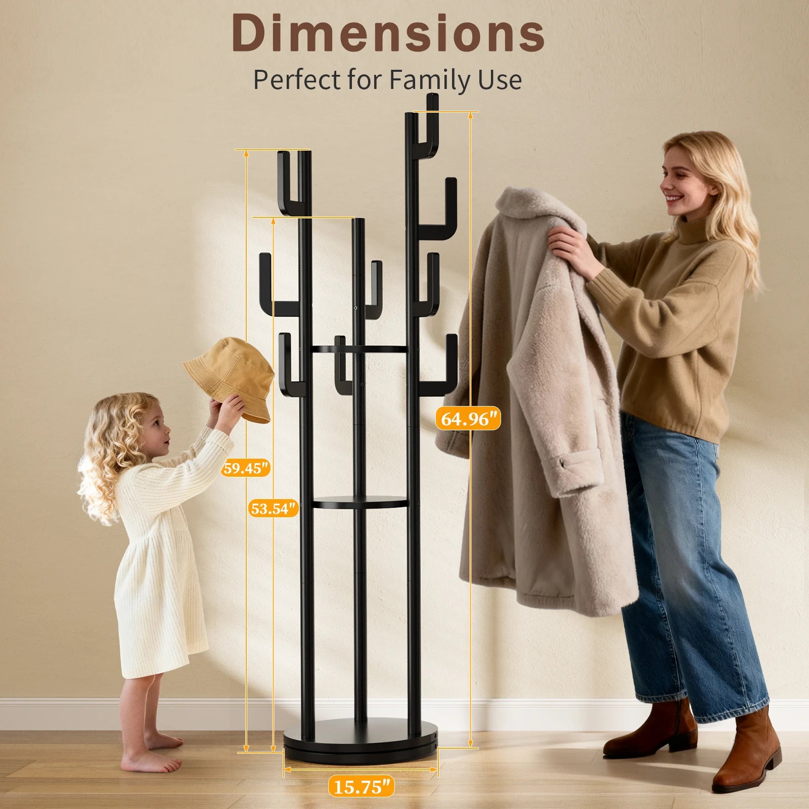 Rotary Coat Rack Freestanding, Solid Wood Coat Tree with 9 Hooks &amp; 3 Open Shelves for Corner, Entryway, Hall Tree for Purse, Bag, Jacket, Hat