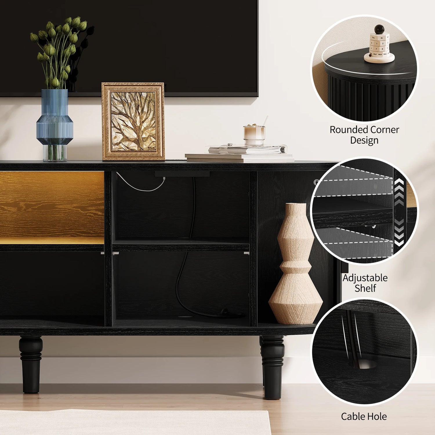CURLA 55" TV Stand with Power Outlet, Entertainment Center with Sliding Tambour Door, Modern TV Stands for Living Room Bedroom, LED Media Console