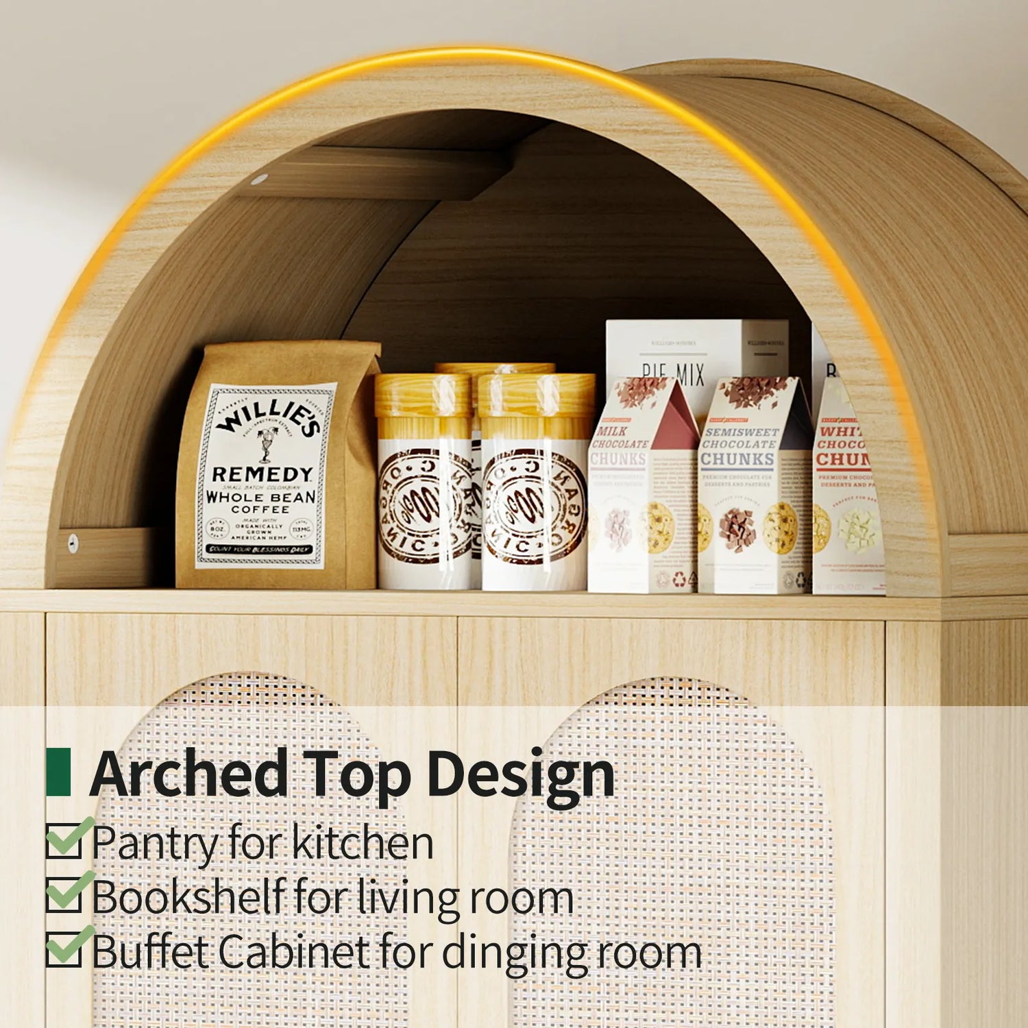 71" Tall Arched Kitchen Pantry Storage Cabinet, Food Pantry Cabinet Bookshelf with 2 Drawers, Wood Storage Cabinets with Door for Dining Room, Living Room