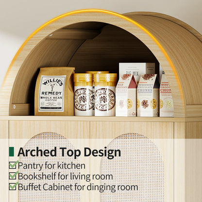 71" Tall Arched Kitchen Pantry Storage Cabinet, Food Pantry Cabinet Bookshelf with 2 Drawers, Wood Storage Cabinets with Door for Dining Room, Living Room