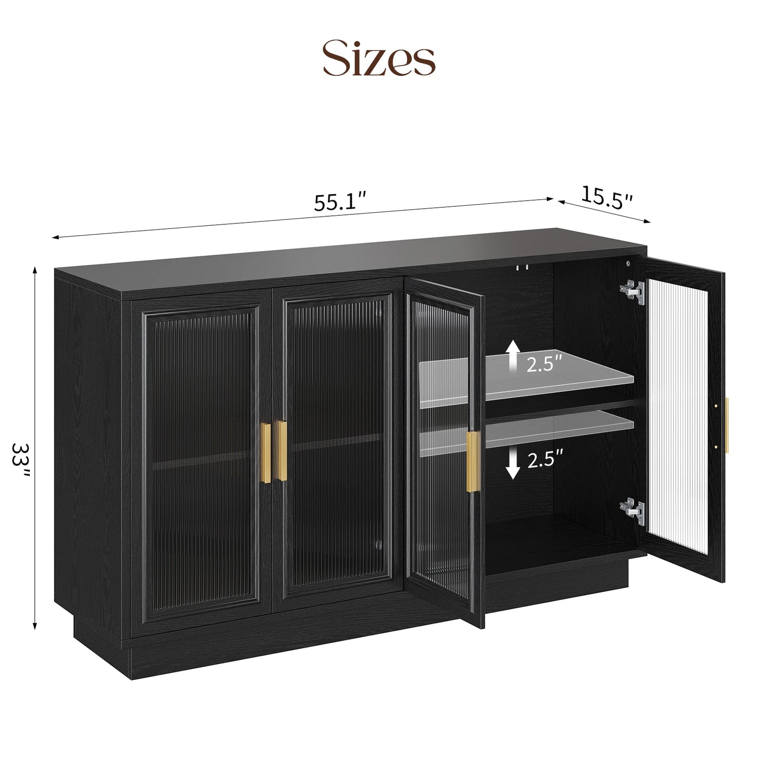 CURLA 55.1" Sideboard Buffet Cabinet with Storage,  Wood Kitchen Cabinet with 4 Fluted Doors, Large Buffet Table, Credenza Coffee Bar for Dining Living Room