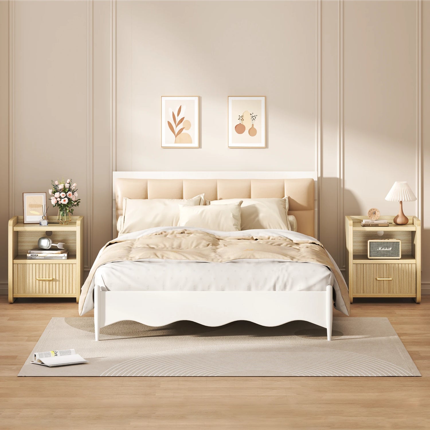 Fluted Nightstand with Charging Station,Wood Bedside Table Night Stand with Drawer and Open Shelf,Modern End Side Table for Bedroom Living Room