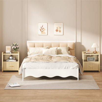Fluted Nightstand with Charging Station,Wood Bedside Table Night Stand with Drawer and Open Shelf,Modern End Side Table for Bedroom Living Room