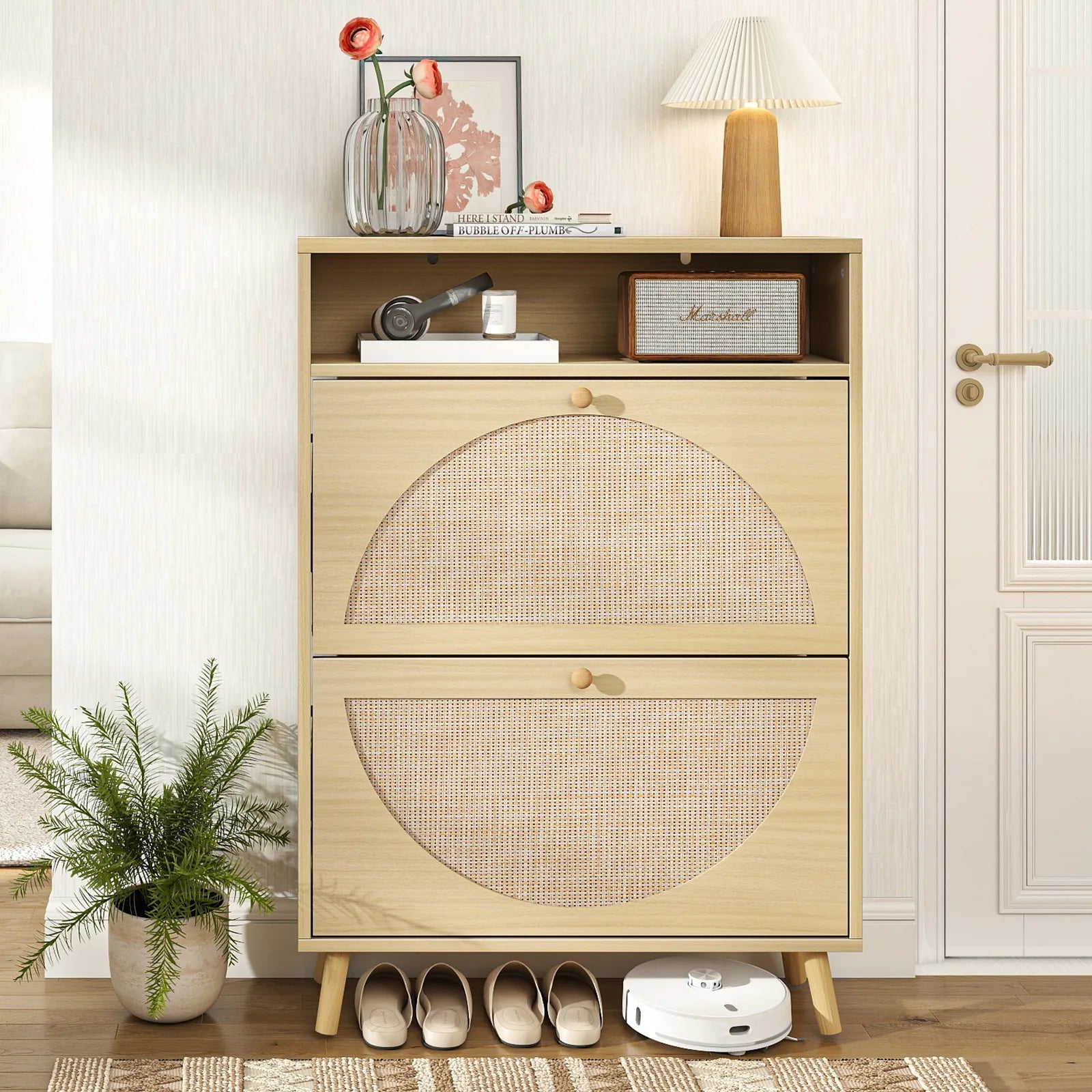 Rattan Shoe Cabinet with 2 Flip Drawers, Narrow Shoe Storage Cabinet with Adjustable Shelves, Wood Shoe Cabinet Storage for Entryway, Hallway