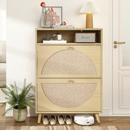 Rattan Shoe Cabinet with 2 Flip Drawers, Narrow Shoe Storage Cabinet with Adjustable Shelves, Wood Shoe Cabinet Storage for Entryway, Hallway