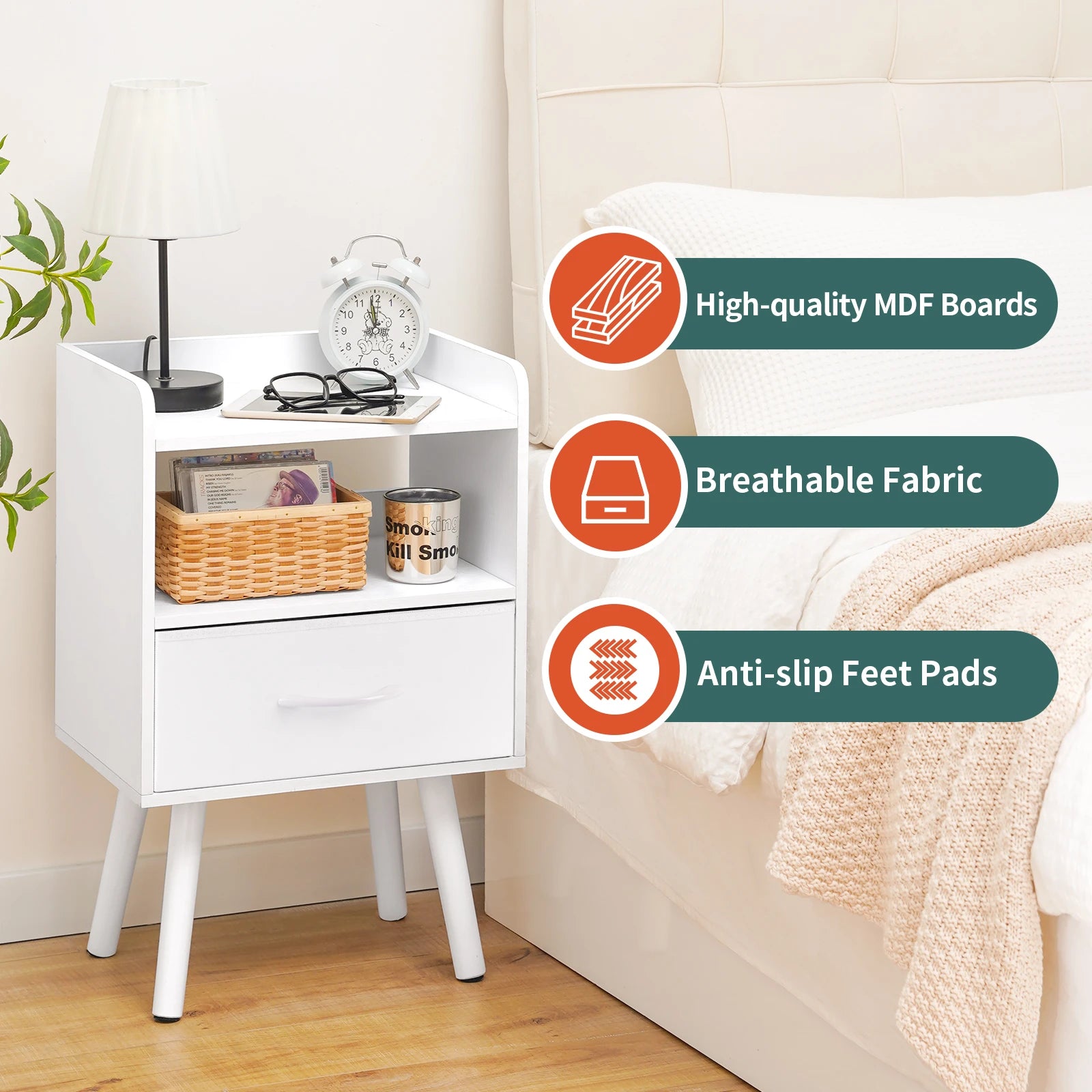 Yoob Night Stand with Fabric Drawer, Mid Century Modern Nightstand with Open Shelf, Wood Side Table Nightstands, 2-Tier Night Stands for Bedrooms