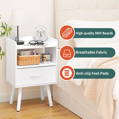 Yoob Night Stand with Fabric Drawer, Mid Century Modern Nightstand with Open Shelf, Wood Side Table Nightstands, 2-Tier Night Stands for Bedrooms