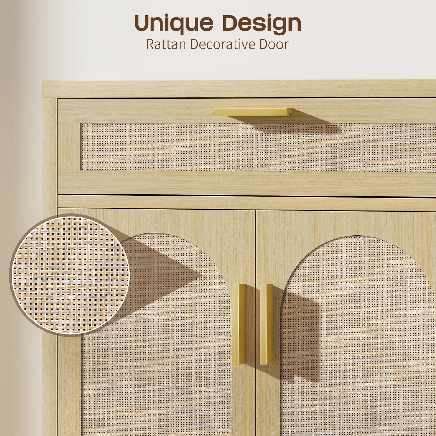 Rattan Buffet Cabinet with Storage, Sideboard Cabinet with Doors and Shelves, Accent Storage Cabinet with Drawers, Wood Coffee Bar for Kitchen
