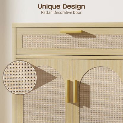 Rattan Buffet Cabinet with Storage, Sideboard Cabinet with Doors and Shelves, Accent Storage Cabinet with Drawers, Wood Coffee Bar for Kitchen