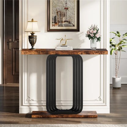 Narrow Console Table with Outlet, Industrial Entryway Table with Unique Base, Small Sofa Table, behind couch table for Entry Way Living Room,Brown