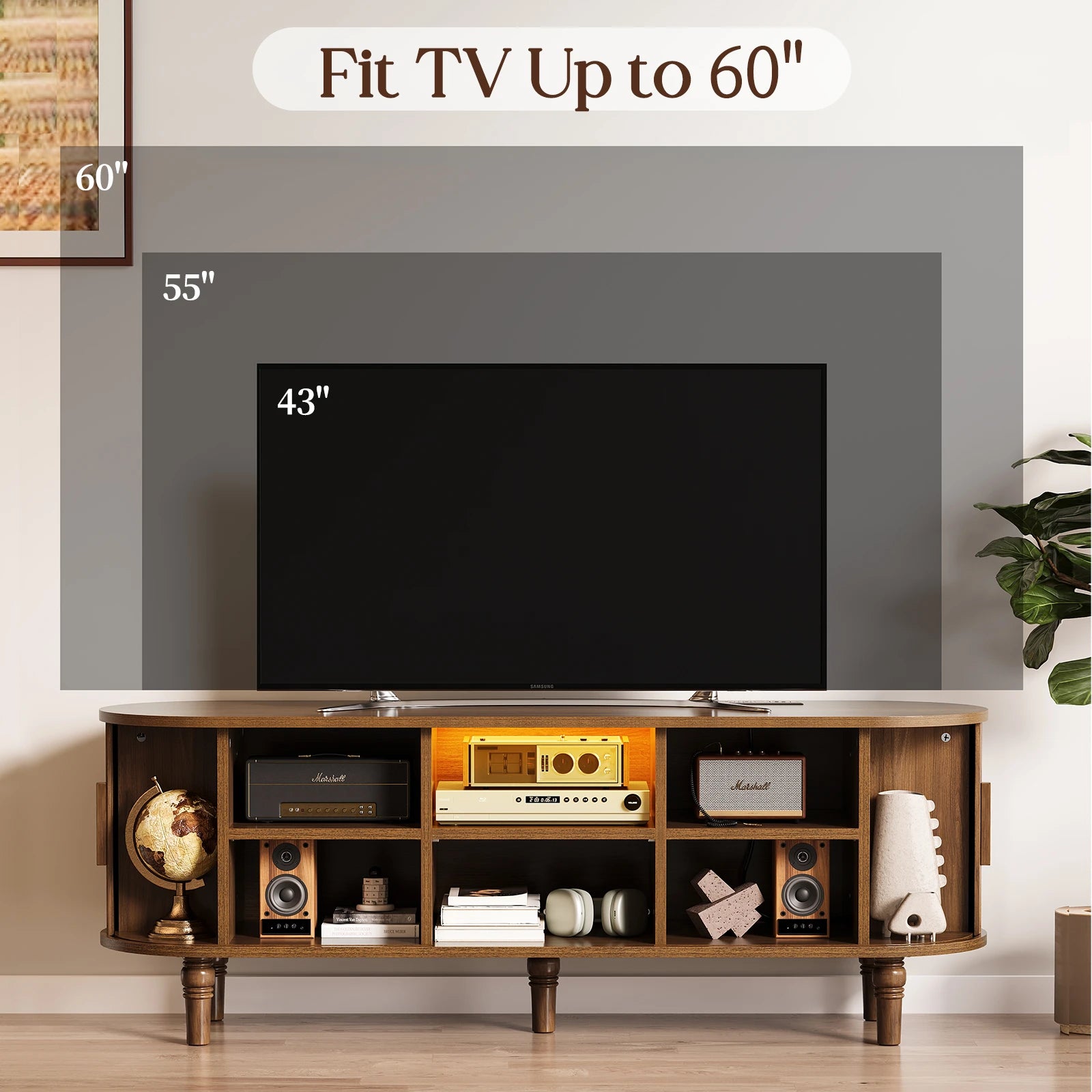 CURLA 55" TV Stand with Power Outlet, Entertainment Center with Sliding Tambour Door, Modern TV Stands for Living Room Bedroom, LED Media Console