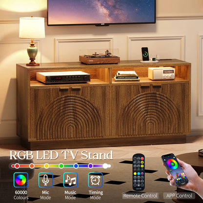 CURLA 58" Fluted TV Stand with Power Outlet, LED TV Stands with Storage &amp; Adjustable Shelf, Entertainment Center  for Living Room, Mid Century