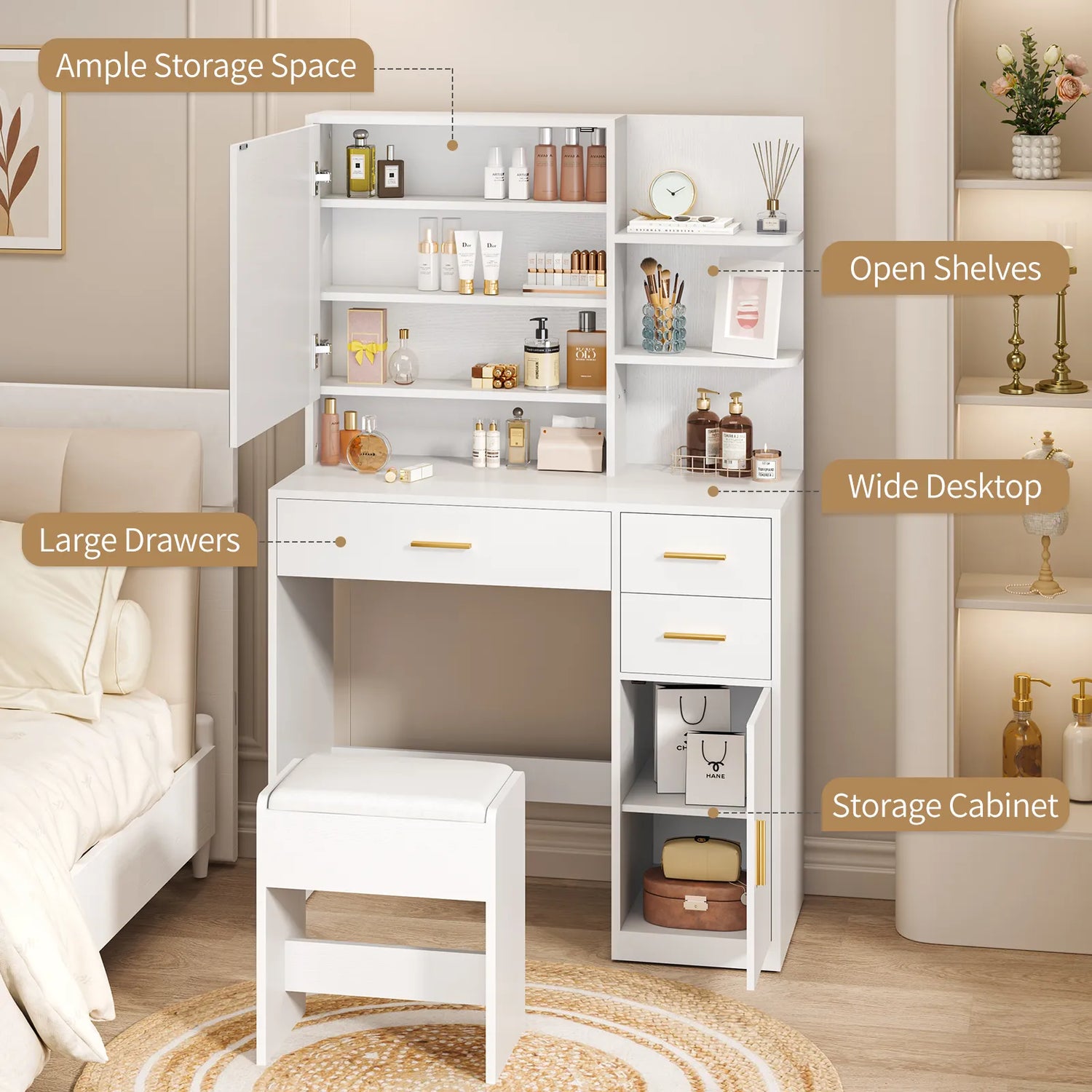 Vanity Desk with Mirror and Lights, Makeup Vanity Desk with Drawers &amp; Cabinet, Vanities with Upholstered Chair, White Makeup Table with Storage Shelves, Girls Dressing Table for Bedroom