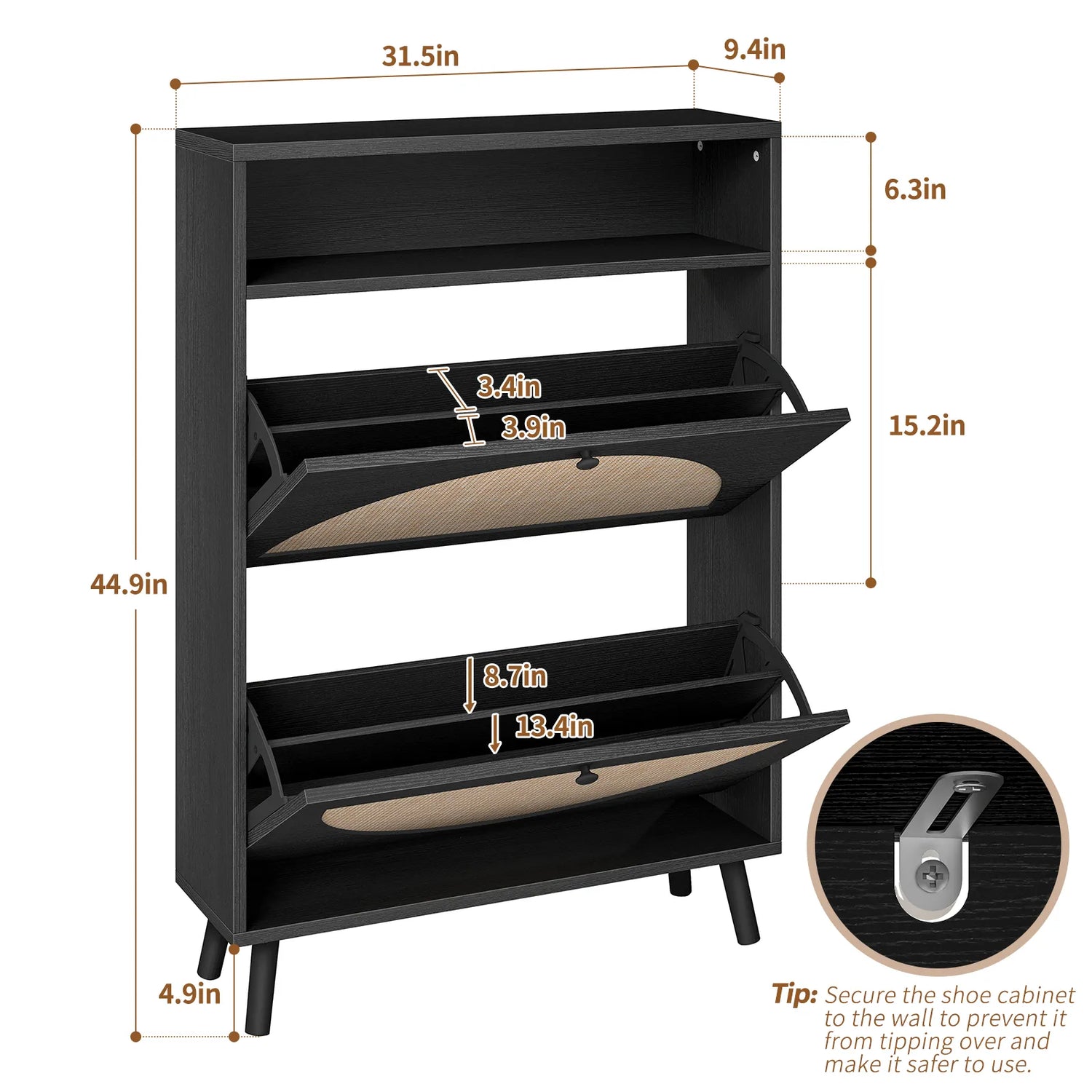 Rattan Shoe Cabinet with 2 Flip Drawers, Narrow Shoe Storage Cabinet with Adjustable Shelves, Wood Shoe Cabinet Storage for Entryway, Hallway