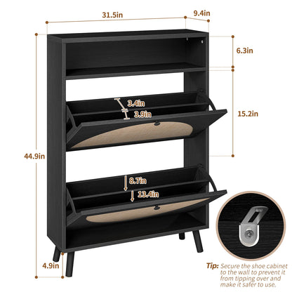 Rattan Shoe Cabinet with 2 Flip Drawers, Narrow Shoe Storage Cabinet with Adjustable Shelves, Wood Shoe Cabinet Storage for Entryway, Hallway