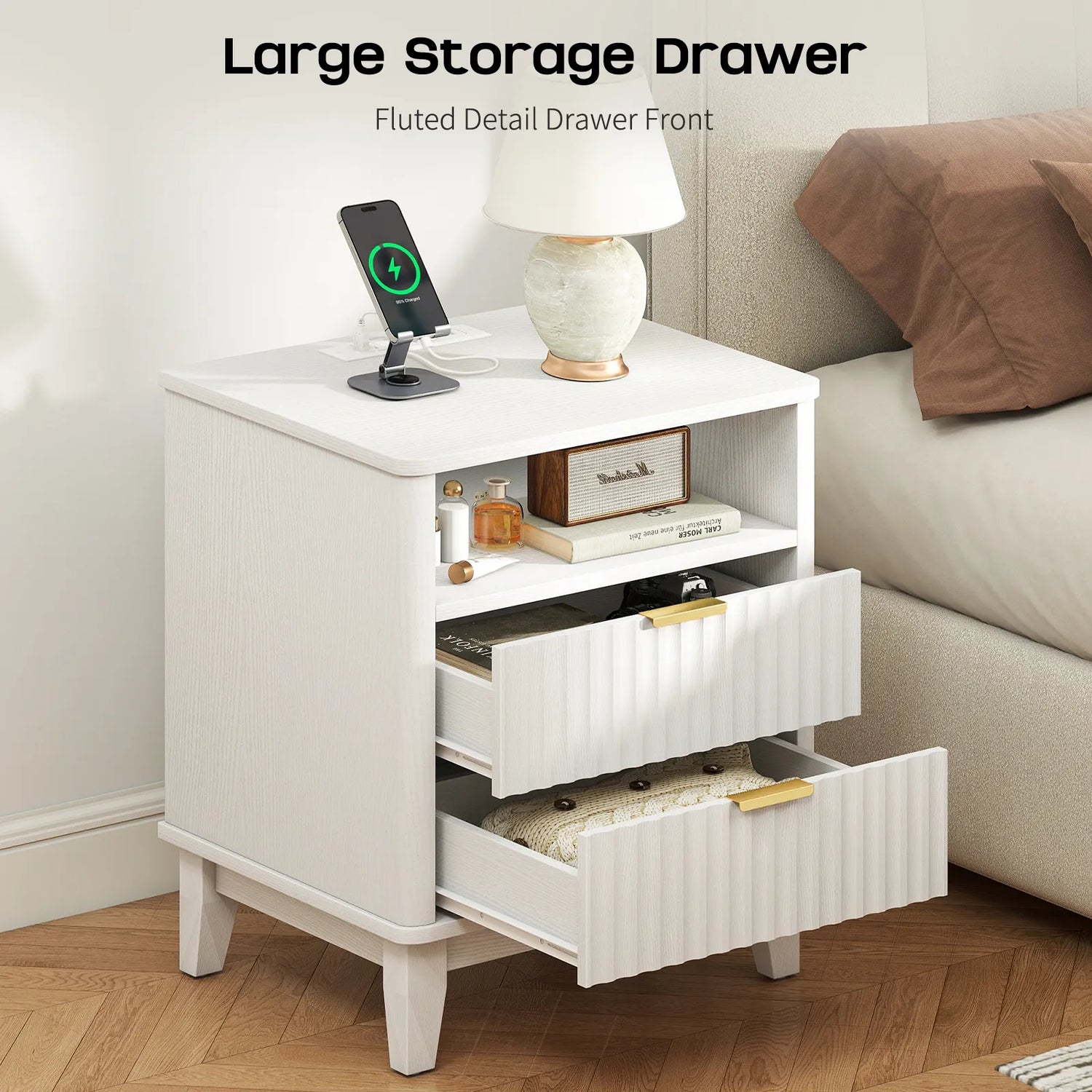 Night Stand with Charger Station, Fluted Nightstand with 2 Drawers and Storage Shelf, Mid Century Modern End Table for Bedroom Living Room