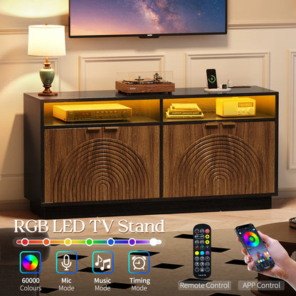 CURLA 58" Fluted TV Stand with Power Outlet, LED TV Stands with Storage &amp; Adjustable Shelf, Entertainment Center  for Living Room, Mid Century