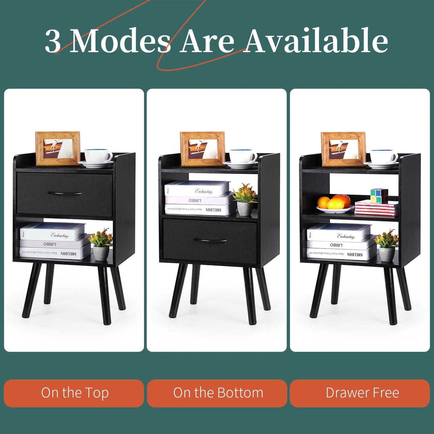 Yoob Night Stand with Fabric Drawer, Mid Century Modern Nightstand with Open Shelf, Wood Side Table Nightstands, 2-Tier Night Stands for Bedrooms