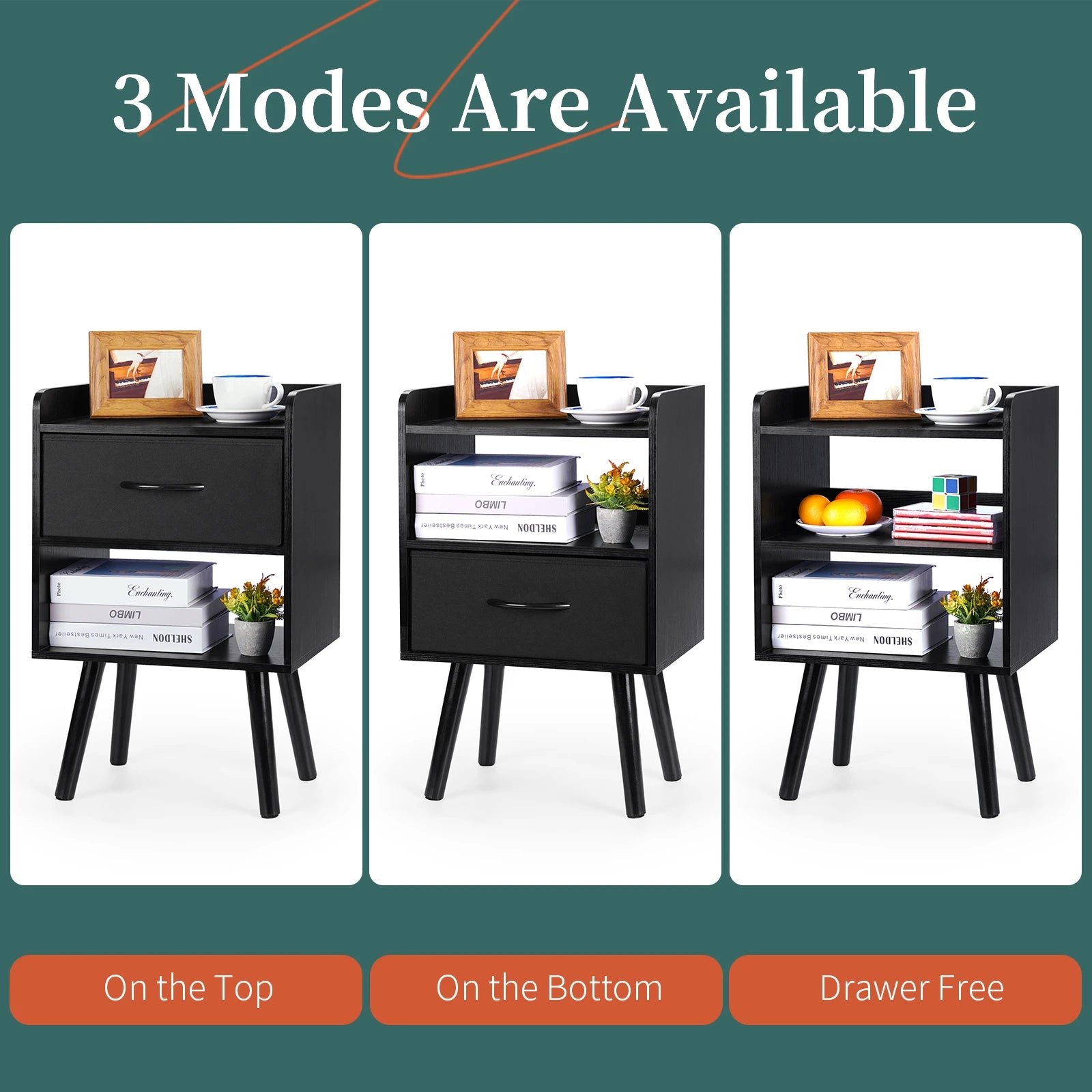 Yoob Night Stand with Fabric Drawer, Mid Century Modern Nightstand with Open Shelf, Wood Side Table Nightstands, 2-Tier Night Stands for Bedrooms