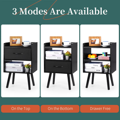 Yoob Night Stand with Fabric Drawer, Mid Century Modern Nightstand with Open Shelf, Wood Side Table Nightstands, 2-Tier Night Stands for Bedrooms