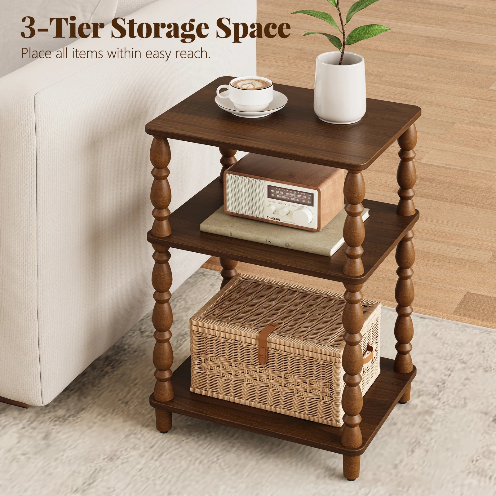 Maliowa Small Side Table with 3-Tier Shelf, Narrow Wood End Table for Small Spaces, Living Room Bedroom